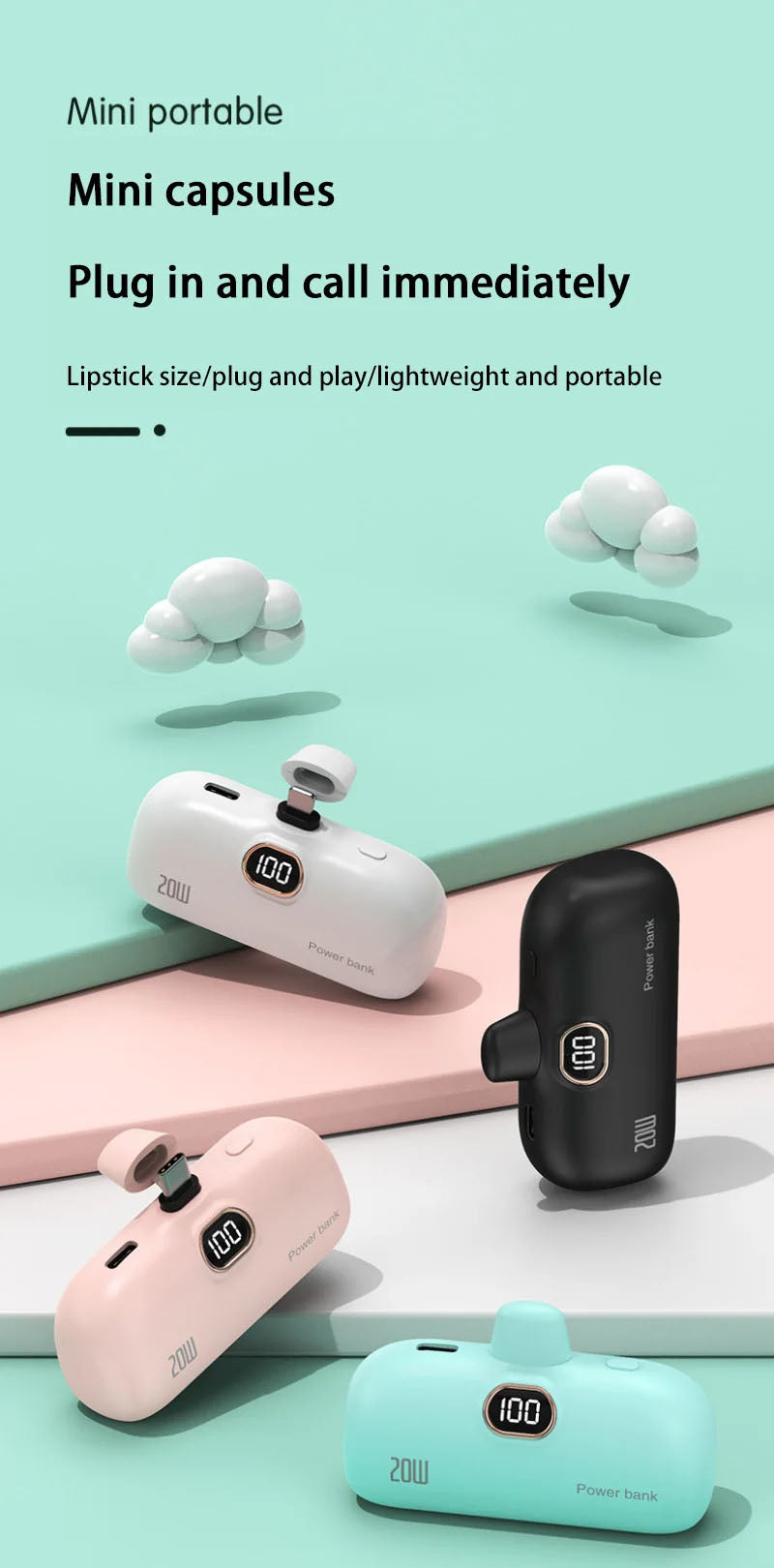 Mini Power Bank 2000/5000mAh Built Cable Portable Mobile Charger Fast Charger