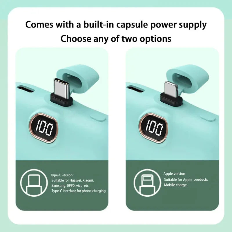 Mini Power Bank 2000/5000mAh Built Cable Portable Mobile Charger Fast Charger